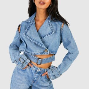 Womens Cropped Denim Trench Jacket - Blue - 6, Blue