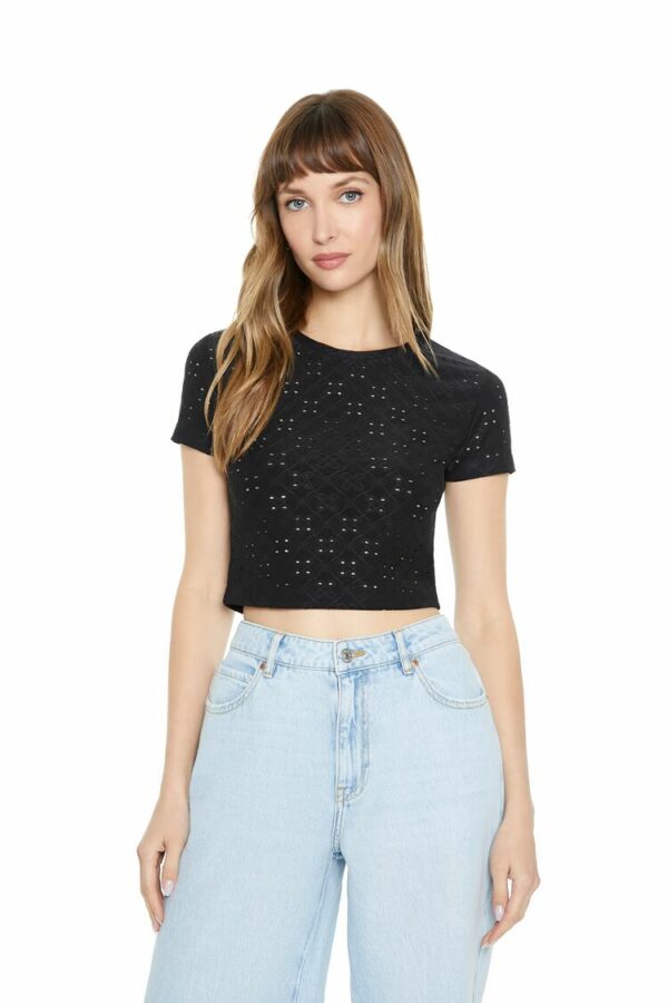 Women's Cropped Eyelet Cropped T-Shirt in Black Large