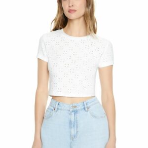 Women's Cropped Eyelet Cropped T-Shirt in White Medium