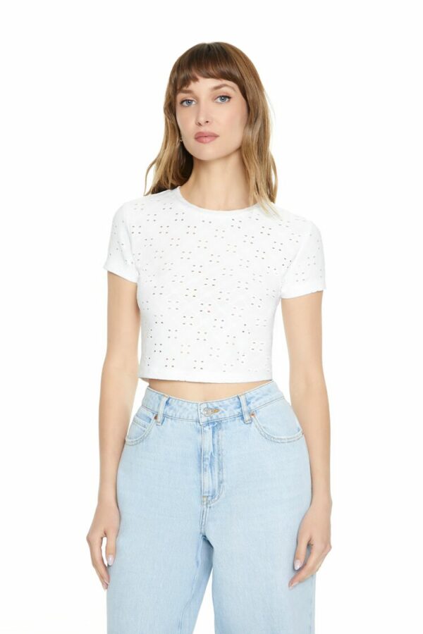 Women's Cropped Eyelet Cropped T-Shirt in White Medium