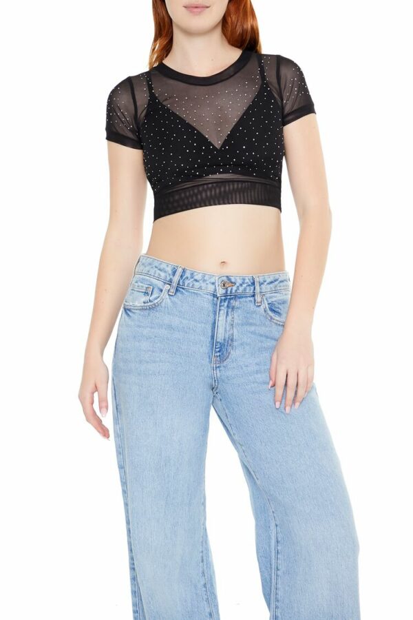 Women's Cropped Mesh Rhinestone T-Shirt in Black Large