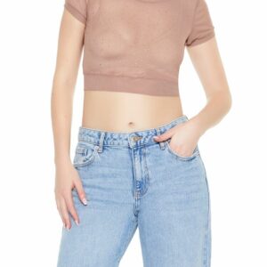 Women's Cropped Mesh Rhinestone T-Shirt in Mocha Medium