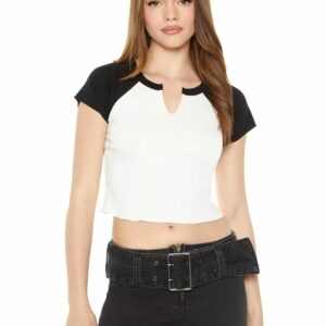 Women's Cropped Raglan T-Shirt in White/Black Medium