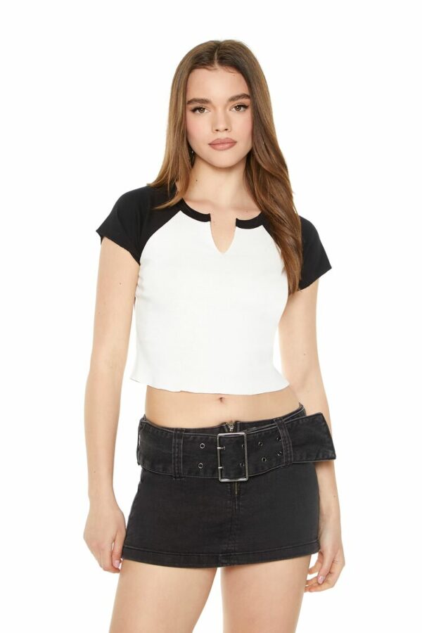 Women's Cropped Raglan T-Shirt in White/Black Medium