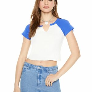 Women's Cropped Raglan T-Shirt in White/Blue Small