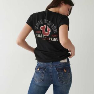 Women's Crystal Horseshoe V T-Shirt | Black | Size 3XL | Cotton Blend | True Religion