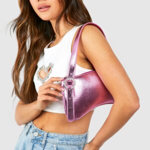 Womens Diamante Buckle Shoulder Bag - Pink - One Size, Pink