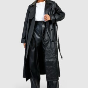 Womens Double Breast Faux Leather Maxi Trench Coat - Black - 10, Black