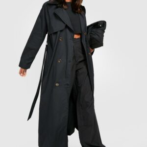 Womens Double Breasted Trench Coat - Black - 14, Black