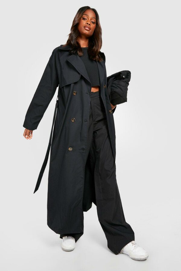 Womens Double Breasted Trench Coat - Black - 14, Black