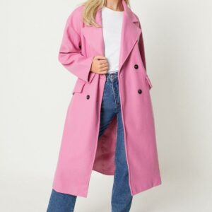 Womens Double Breasted Wool Look Coat - Pink - L