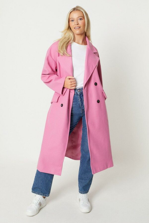 Womens Double Breasted Wool Look Coat - Pink - L