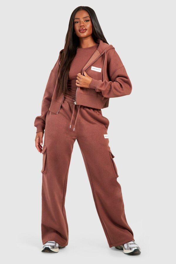 Womens Dsgn Studio 3 Piece Short Sleeve Top Zip Through Hoodie Tracksuit - Brown - 10, Brown