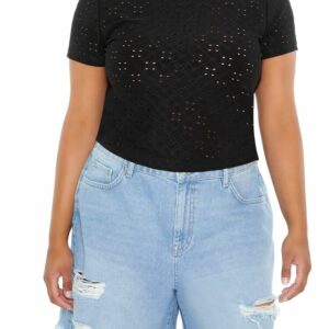 Women's Eyelet Crew T-Shirt in Black, 3X