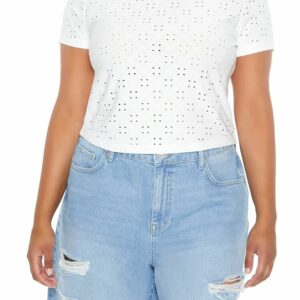 Women's Eyelet Crew T-Shirt in White, 2X