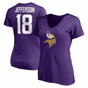 Women's Fanatics Branded Justin Jefferson Purple Minnesota Vikings Player Icon Name & Number V-Neck T-Shirt, Size: Large