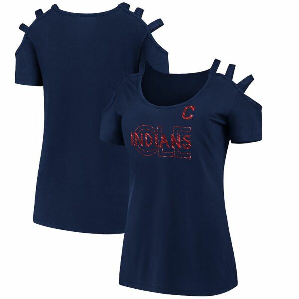 Women's Fanatics Branded Navy Cleveland Indians Three Strap Open Shoulder T-Shirt, Size: XS, Blue