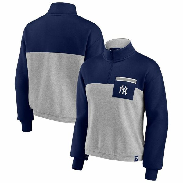 Women's Fanatics Branded Navy/Heather Gray New York Yankees Iconic Cinch Waist Quarter-Zip Top, Size: Large, Blue