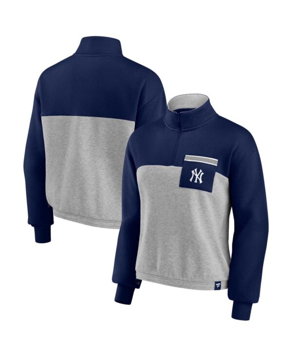 Women's Fanatics Navy, Heather Gray New York Yankees Iconic Cinch Waist Quarter-Zip Top - Navy, Heather Gray