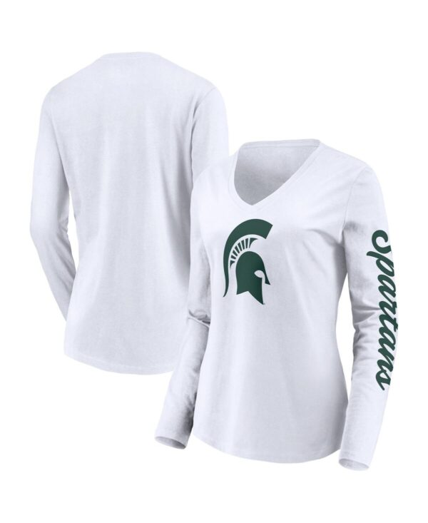 Women's Fanatics White Michigan State Spartans Logo and Script 2-Hit Long Sleeve V-Neck T-shirt - White