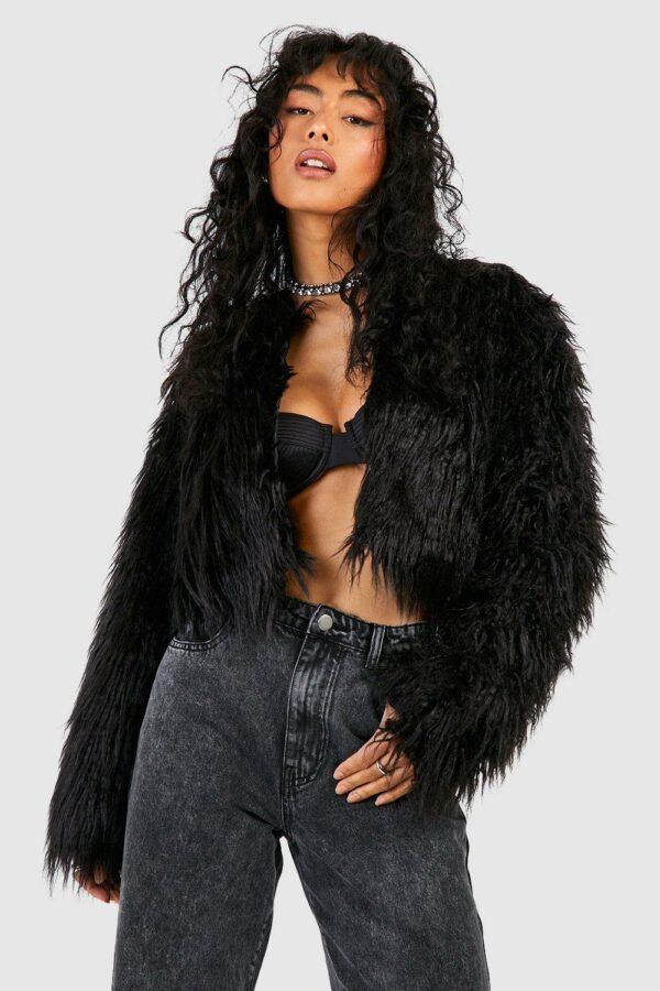 Womens Faux Fur Cropped Jacket - Black - 10, Black