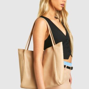 Womens Faux Leather Slouchy Tote Bag - Beige - One Size, Beige