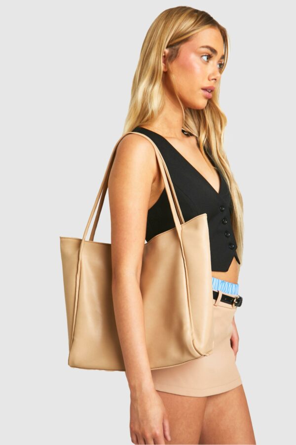 Womens Faux Leather Slouchy Tote Bag - Beige - One Size, Beige