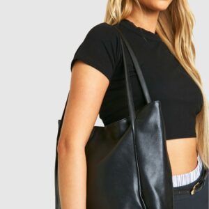 Womens Faux Leather Slouchy Tote Bag - Black - One Size, Black