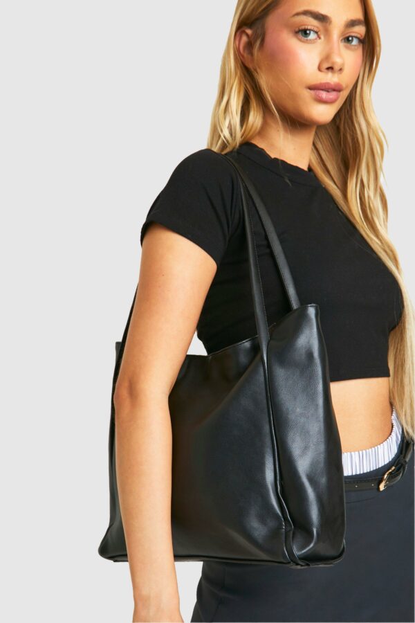 Womens Faux Leather Slouchy Tote Bag - Black - One Size, Black