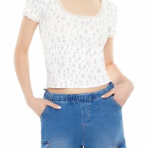 Women's Floral Print Lace-Trim T-Shirt in White Medium