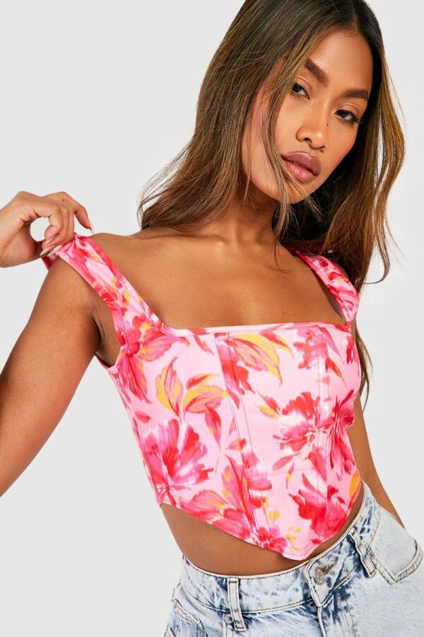 Womens Floral Printed Strappy Bengaline Corset Top - Pink - 10, Pink