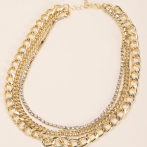 Womens Gold 3 Row Chunky Chain Diamante Necklace