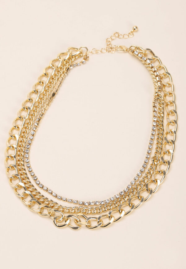 Womens Gold 3 Row Chunky Chain Diamante Necklace