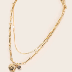 Womens Gold 3 Row Pearl Charm Necklace