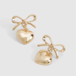 Womens Gold Bow & Heart Drop Earrings - One Size, Gold