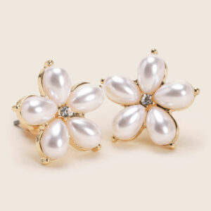 Womens Gold Pearl Flower Stud Earrings