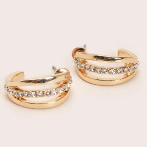 Womens Gold Triple Hoop Diamante Earrings