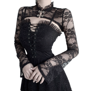 Women's Gothic Lace See Through Crop Top / Vintage Flower Embroidery Long Sleeve Top