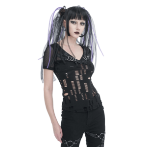 Women's Gothic Ripped Mesh T-Shirt / Black Punk Hole Short Sleeves T-Shirt for Ladies