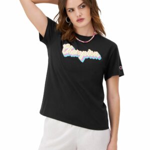 Women's Graphic T-Shirt, Drop Shadow Champion Script, C Logo Black XS