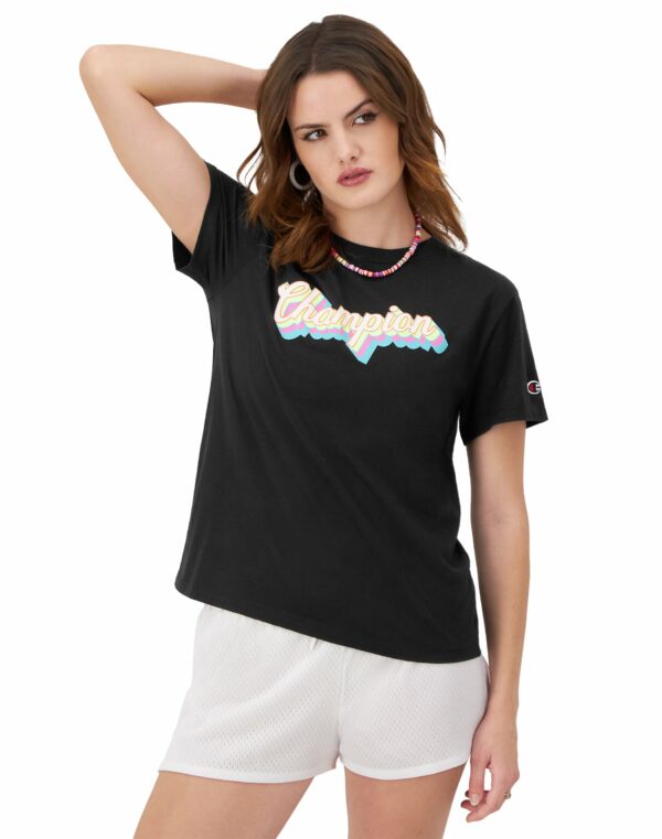 Women's Graphic T-Shirt, Drop Shadow Champion Script, C Logo Black XS