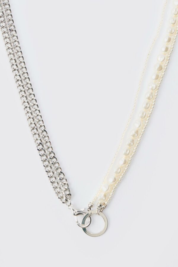 Womens Half Pearl Half Chain Necklace - Grey - One Size, Grey