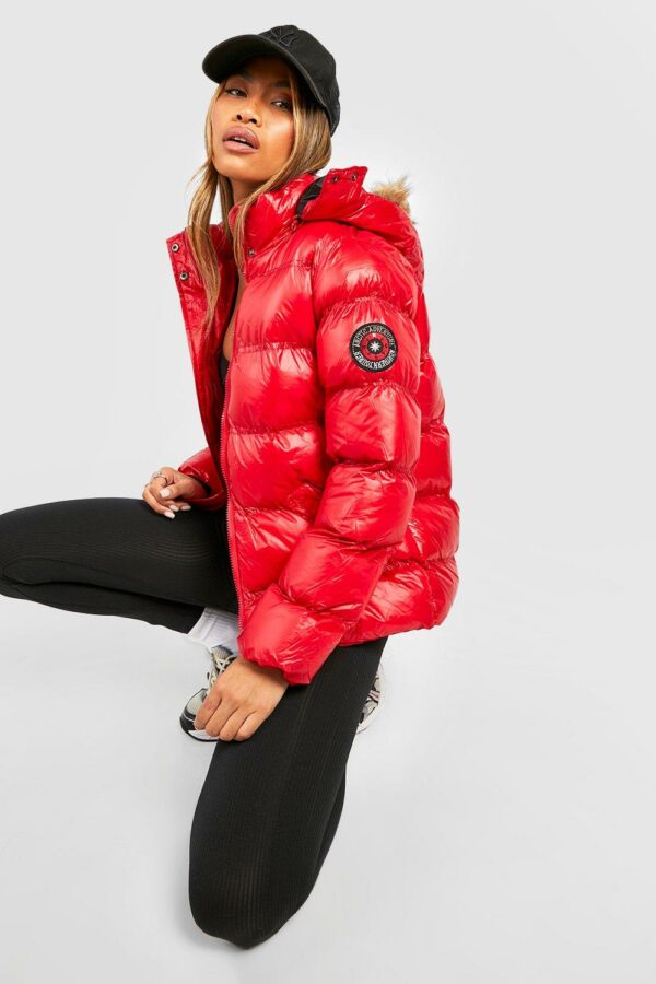 Womens High Shine Hooded Padded Coat With Faux Fur Trim - Red - 10, Red