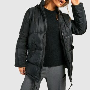 Womens Hooded Longline Puffer Jacket - Black - 8, Black