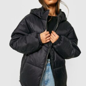 Womens Hooded Quilt Detail Puffer Jacket - Black - 12, Black