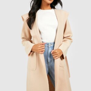 Womens Hooded Wool Look Coat - Beige - 14, Beige