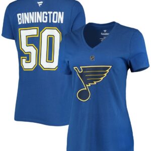 Women's Jordan Binnington Blue St. Louis Blues Team Authentic Stack Name and Number V-Neck T-shirt - Blue