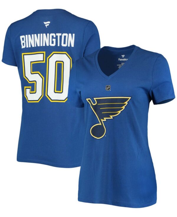 Women's Jordan Binnington Blue St. Louis Blues Team Authentic Stack Name and Number V-Neck T-shirt - Blue