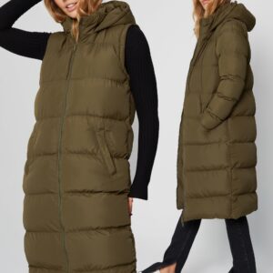 Women's Khaki Padded Longline 2-in-1 Puffer Jacket with Detachable Sleeves