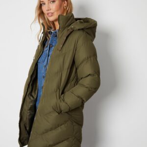 Women's Khaki Padded Mid Length Hooded Puffer Jacket